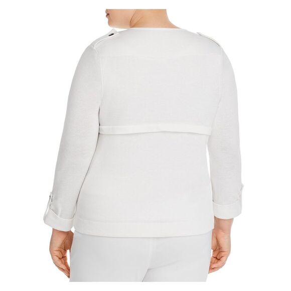 NIC+ZOE Womens White Knit Button Roll-tab Sleeve Open Front Jacket Plus 3X
